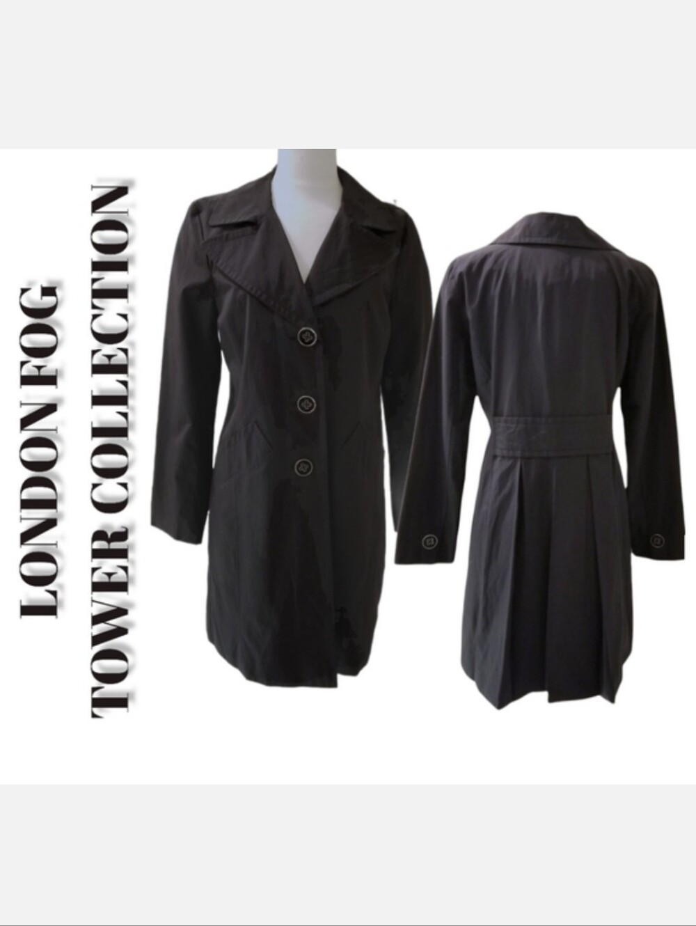 London Fog Trenc Coat Tower Collection Water Resistant Pleated Back Jet Black S